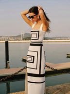 LA FINE FLEUR Square Neck Sweater Dress with Geometric Panel Design in a fitted style.