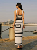 A square neck sweater dress with a geometric panel design from LA FINE FLEUR.