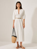 Cotton and linen dress with puff sleeves, relaxed fit, and V-neckline by LA FINE FLEUR.