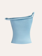 Light blue, slim-fit one-shoulder top with twisted strap and asymmetrical neckline.