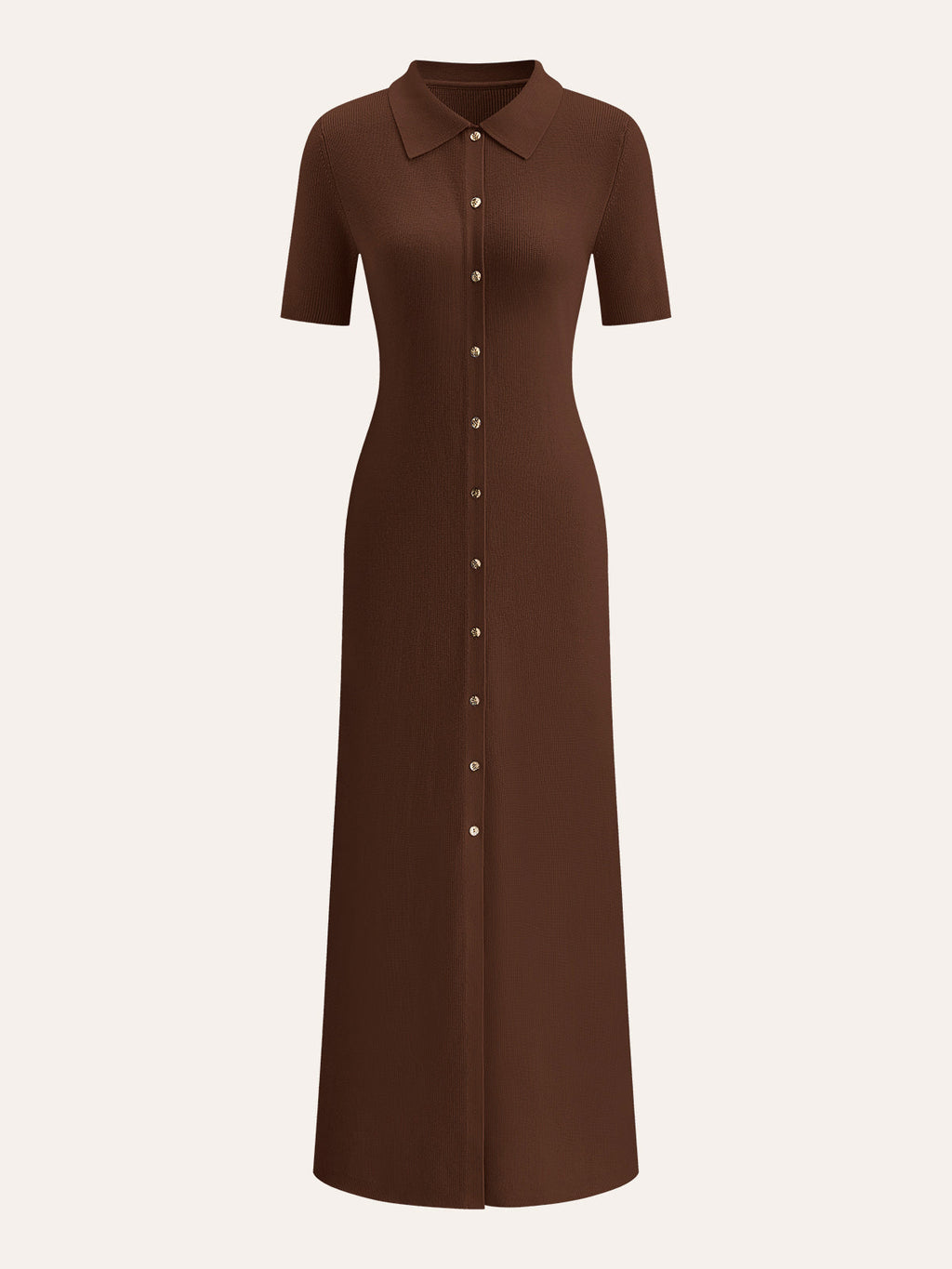 A midi dress with metal buttons, collar, and short sleeves in a relaxed silhouette.