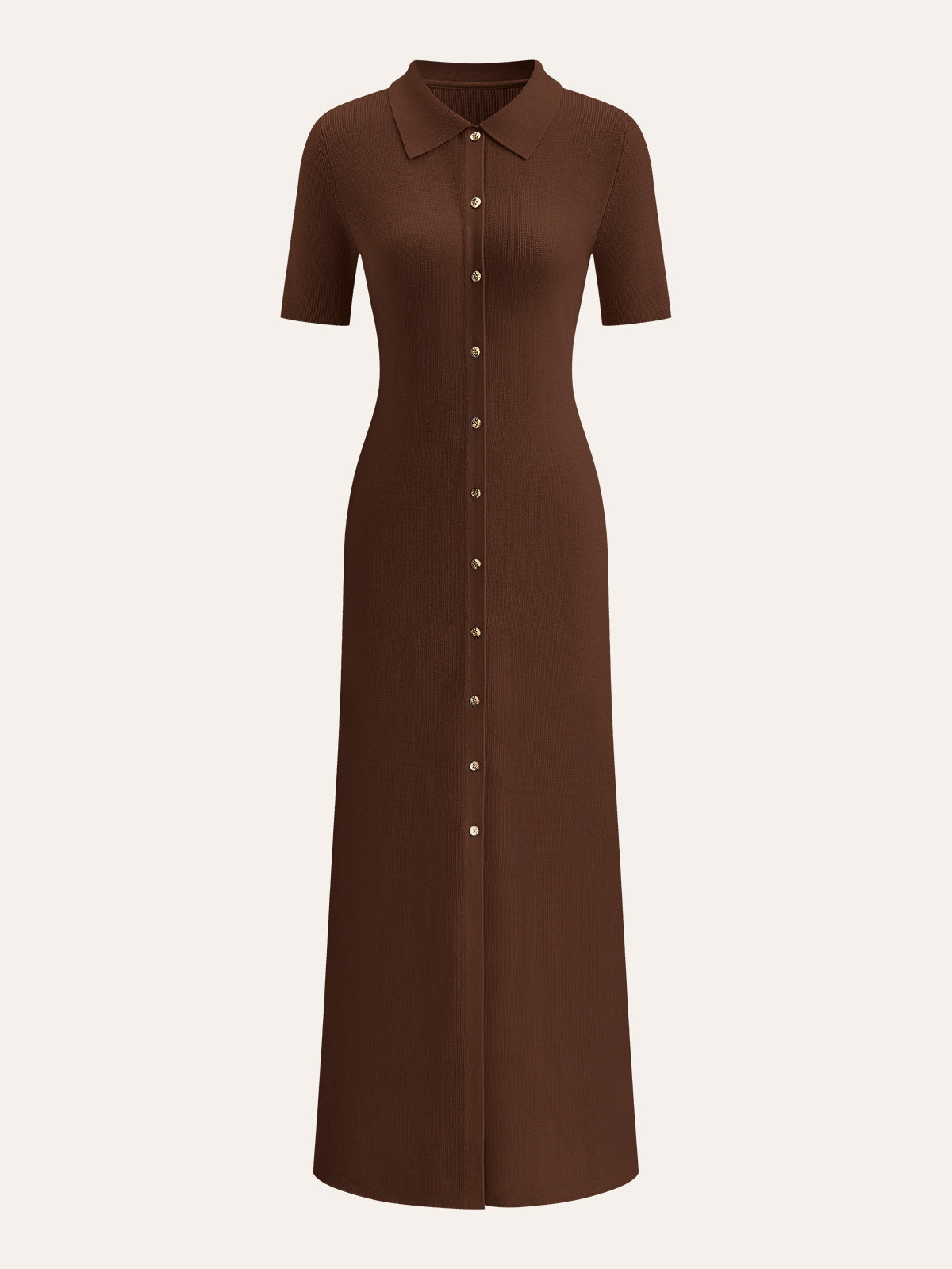 A midi dress with metal buttons, collar, and short sleeves in a relaxed silhouette.