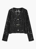 Square-patterned crochet button-up sweater with white buttons in a LA FINE FLEUR design.