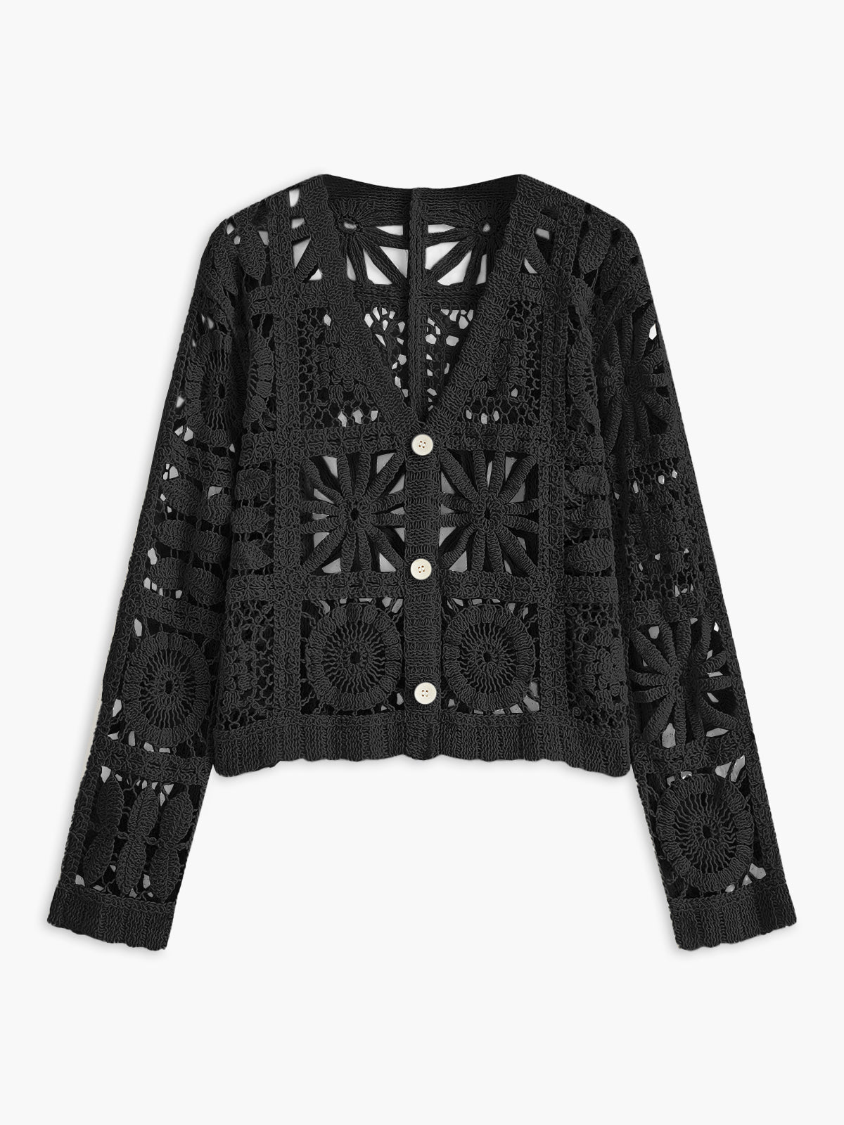 Square-patterned crochet button-up sweater with white buttons in a LA FINE FLEUR design.