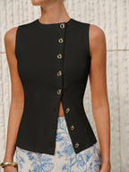 A black sleeveless ribbed vest with gold buttons and an asymmetric closure.