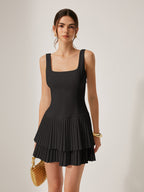 LA FINE FLEUR Square Neckline Dress with pleated detail and a tiered, sleeveless mini silhouette.