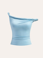 Light blue slim fit sleeveless top with off-shoulder asymmetrical neckline and twist detail.