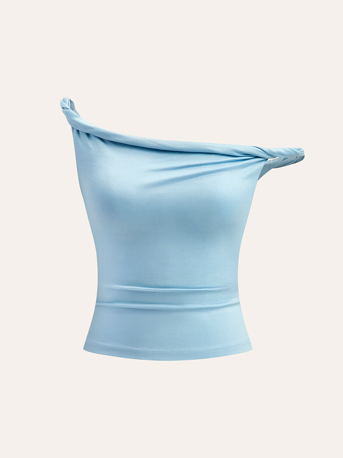 Light blue slim fit sleeveless top with off-shoulder asymmetrical neckline and twist detail.