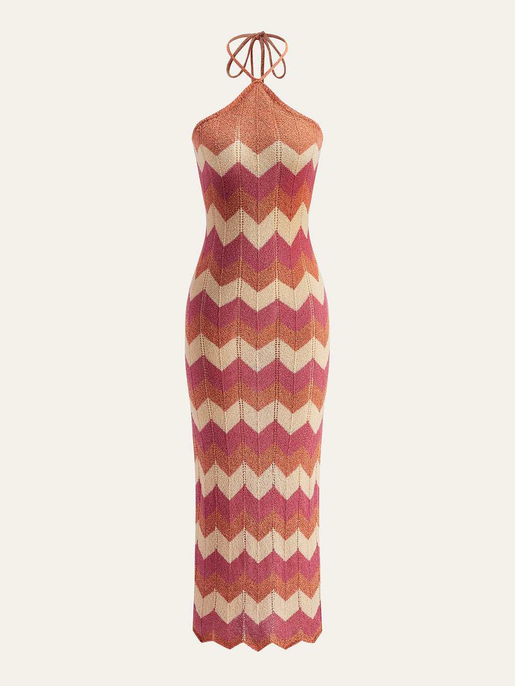 Sleeveless slim-fit maxi dress with orange, pink, and cream chevron pattern and neck tie.