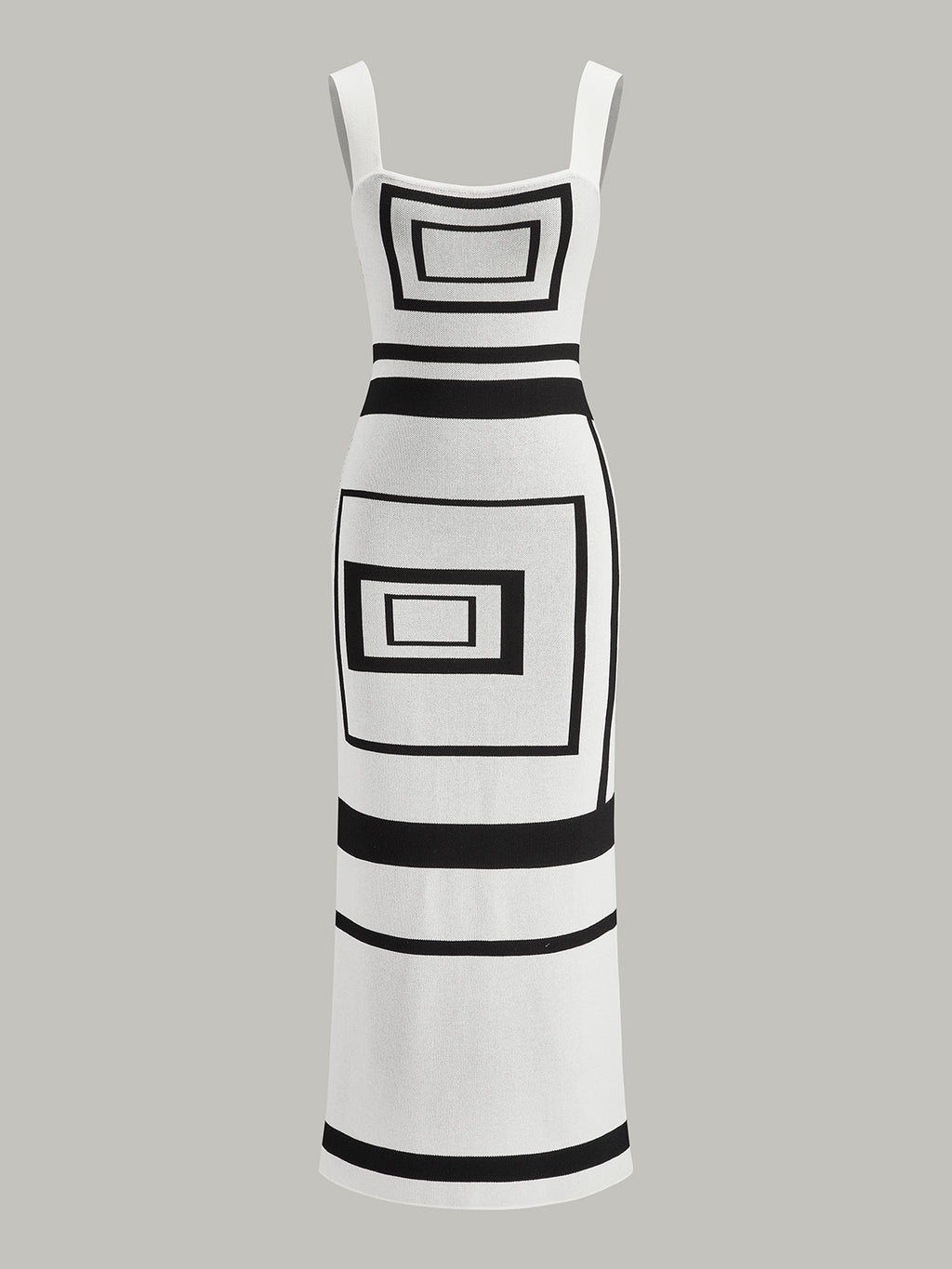 Fitted, sleeveless sweater dress with square neck and bold black geometric panel designs.