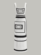 Fitted, sleeveless sweater dress with square neck and bold black geometric panel designs.