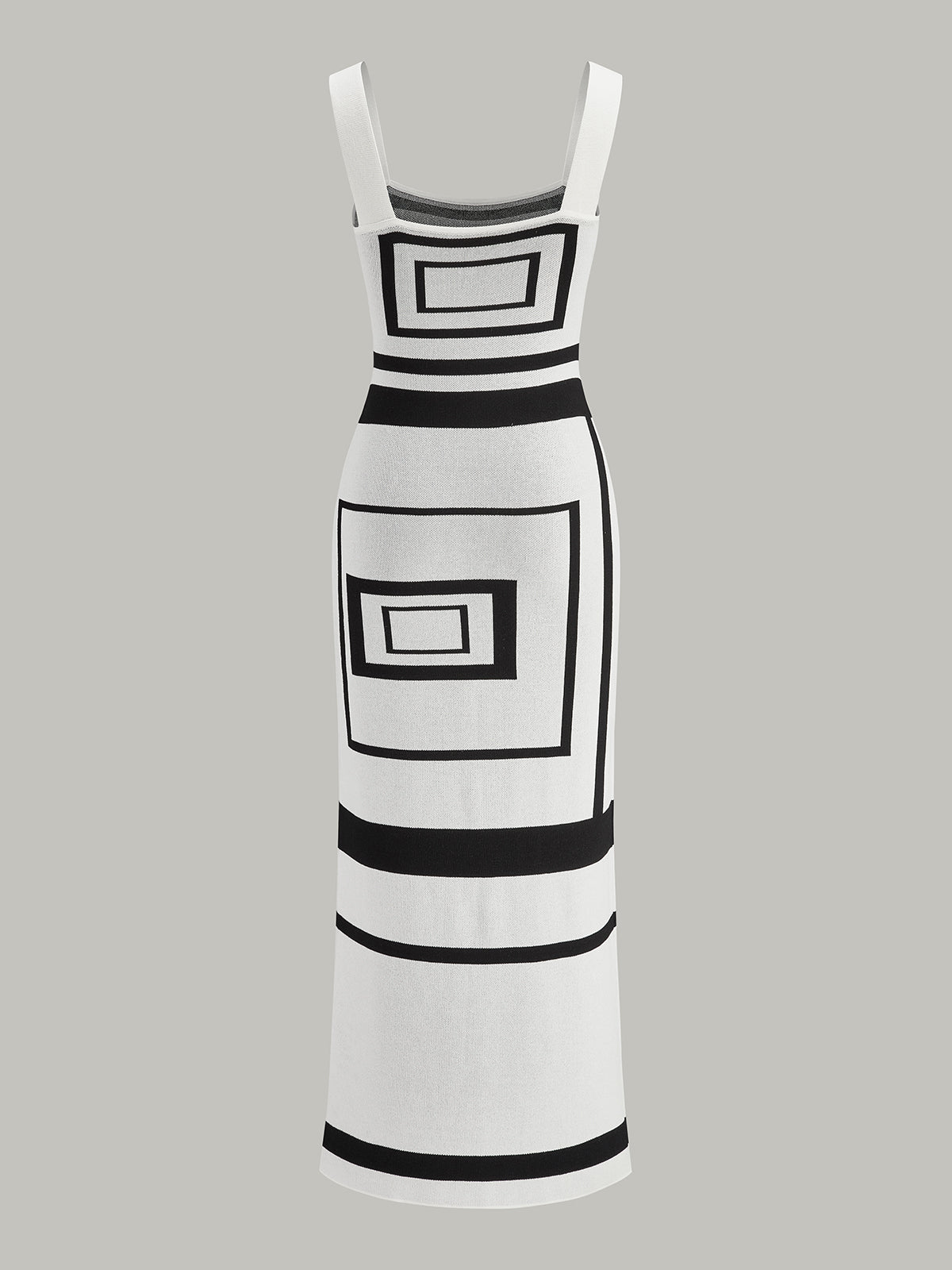 A sweater dress with a geometric panel pattern, square neckline, sleeveless fit, and wide straps.