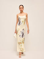 LA FINE FLEUR floral dress with lace-up backless design, featuring vibrant florals and delicate details.