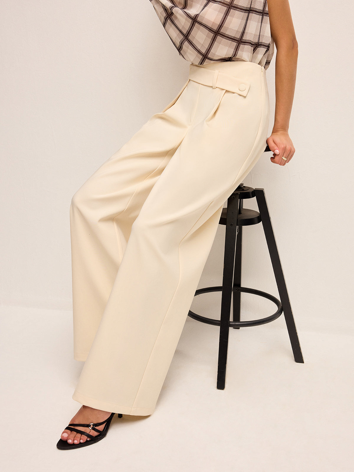 Mid-Waist Trousers with Wide Legs and Belt Detail