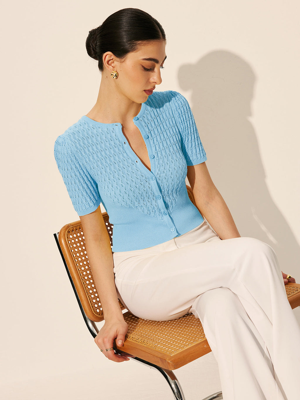 Buttoned Hollow Knit Sweater Top