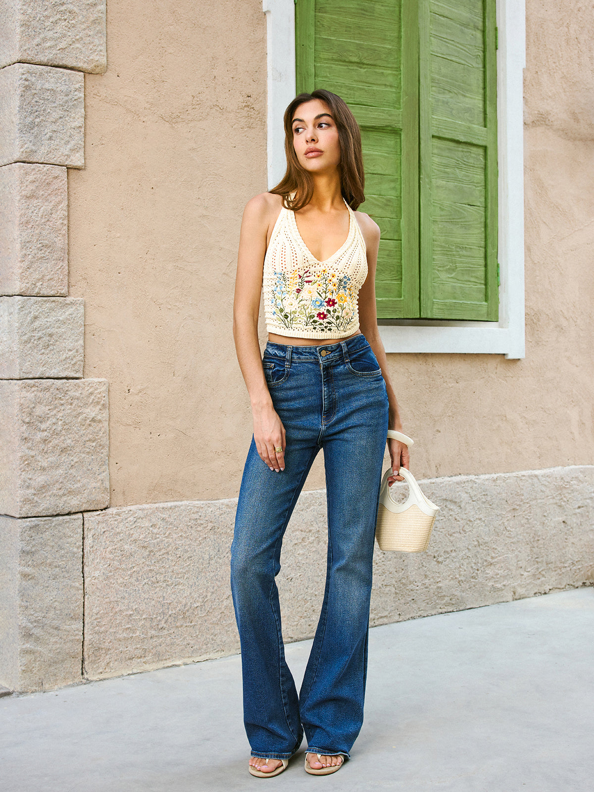 Embroidered Halter Top with Tie-Back Detail