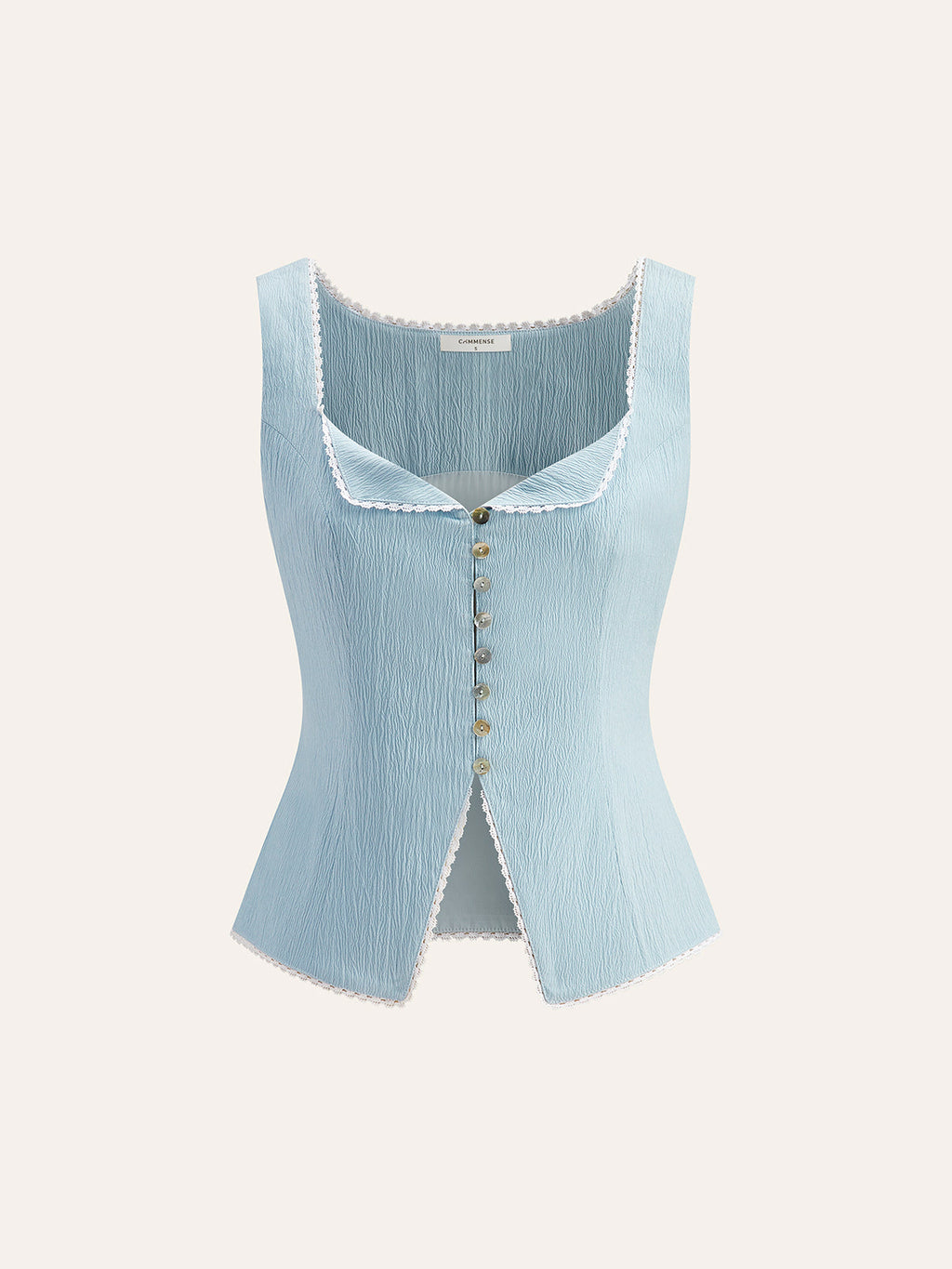 Light blue sleeveless woven polyester blouse with scalloped white lace trim and front buttons.