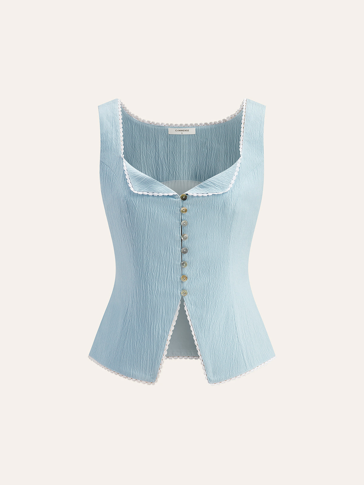 Light blue sleeveless woven polyester blouse with scalloped white lace trim and front buttons.