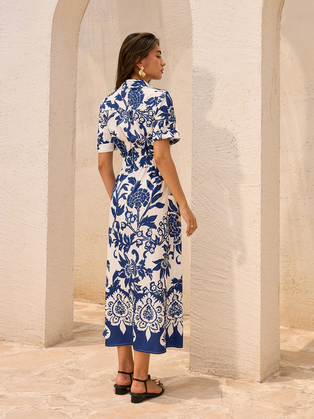 LA FINE FLEUR Floral Print Midi Dress with pocketed belt, featuring bold blue florals.