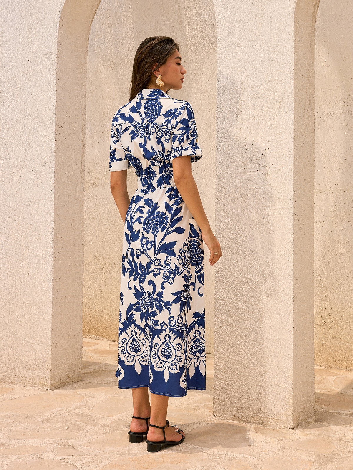 LA FINE FLEUR Floral Print Midi Dress with pocketed belt, featuring bold blue florals.