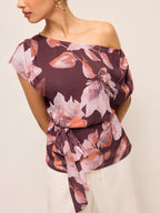 Floral One-Shoulder Blouse with Belt Detail