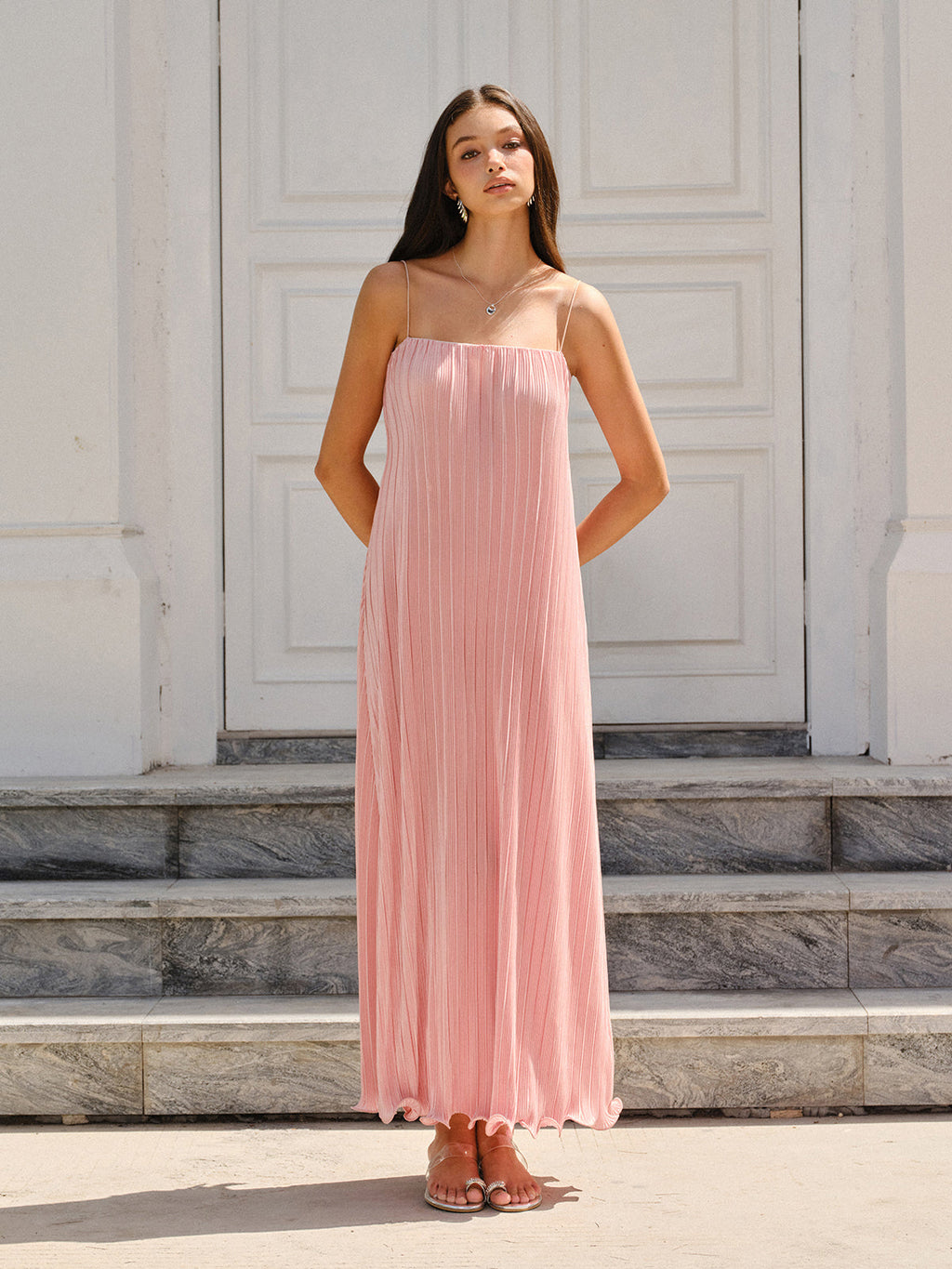 Blush pink LA FINE FLEUR Spaghetti Strap Pleated Maxi Dress with delicate pleats.