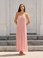 Blush pink LA FINE FLEUR Spaghetti Strap Pleated Maxi Dress with delicate pleats.
