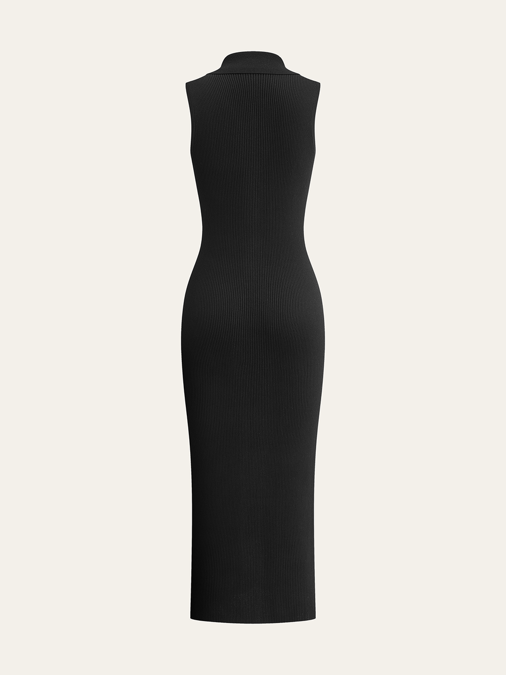 A sleeveless black ribbed knit midi dress with button details, fitted silhouette, high neckline.