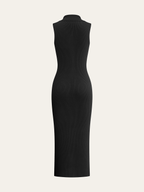 A sleeveless black ribbed knit midi dress with button details, fitted silhouette, high neckline.