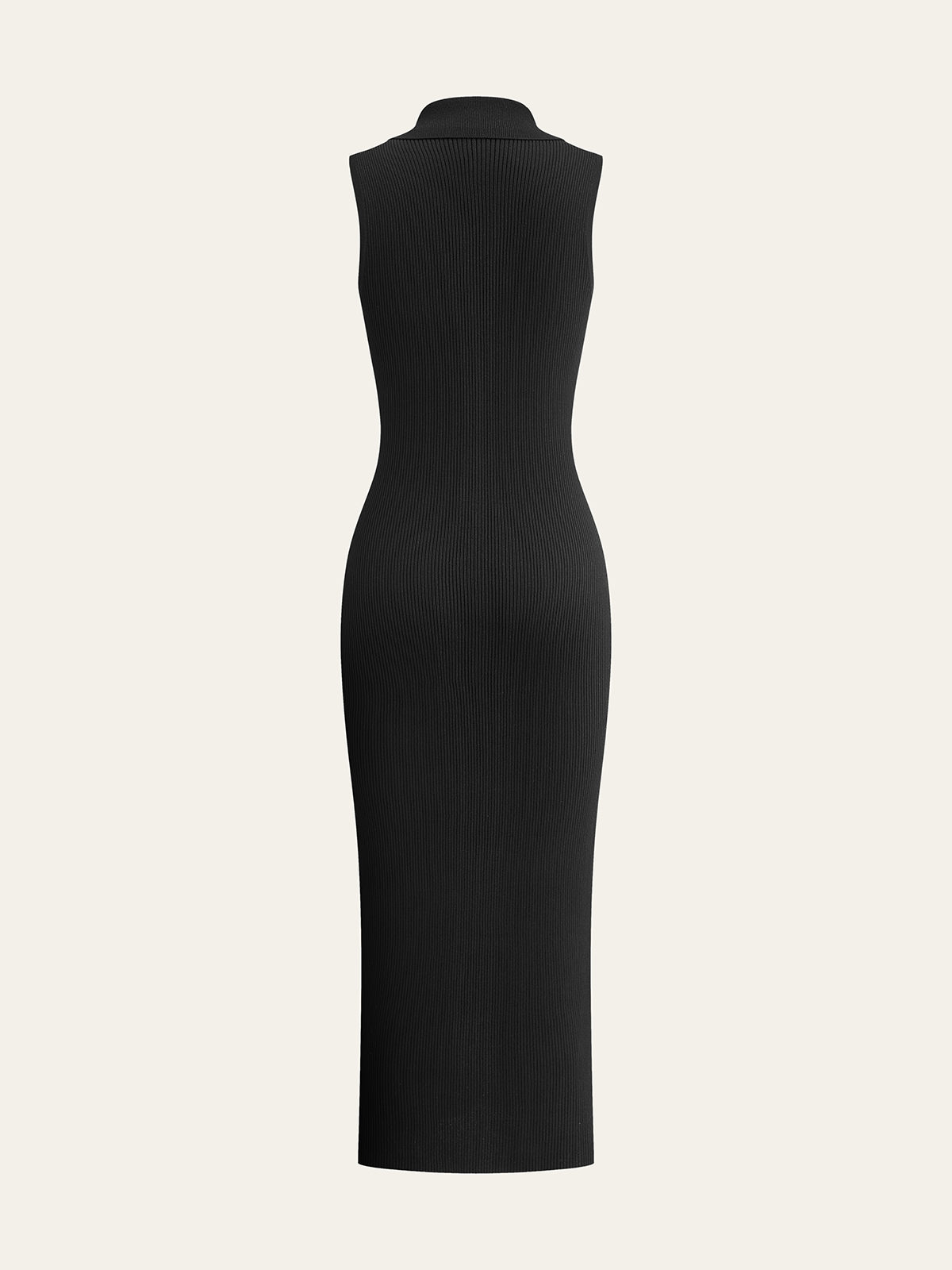 A sleeveless black ribbed knit midi dress with button details, fitted silhouette, high neckline.