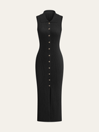 Sleeveless ribbed-knit midi dress with a collared neckline and full-length button closure.