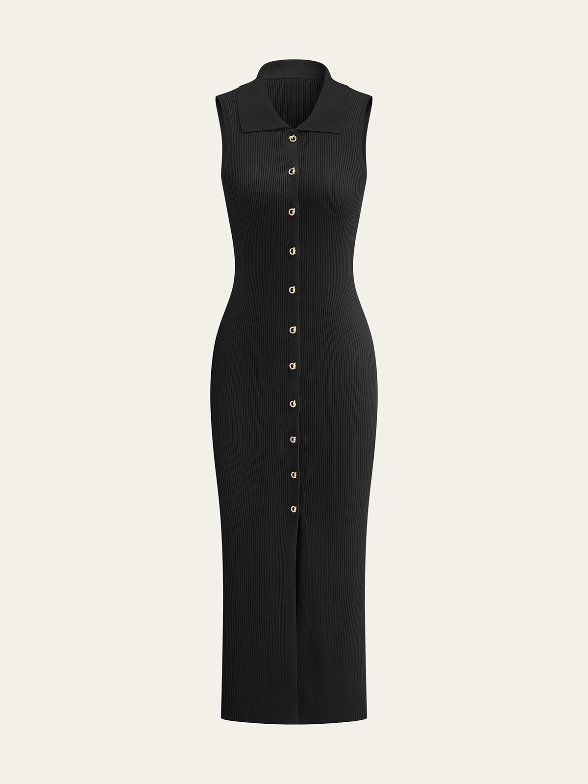 Sleeveless ribbed-knit midi dress with a collared neckline and full-length button closure.