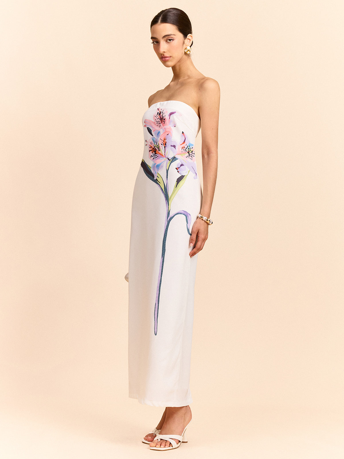 White strapless maxi dress with colorful floral design from LA FINE FLEUR.