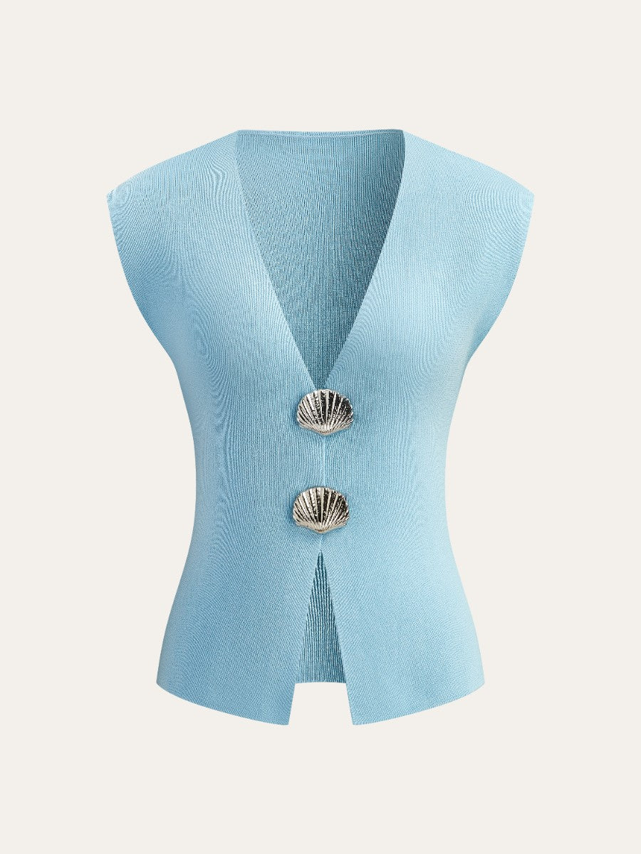 Light blue textured knit vest with V-neck, shell buttons, hem slit, and sleeveless design.
