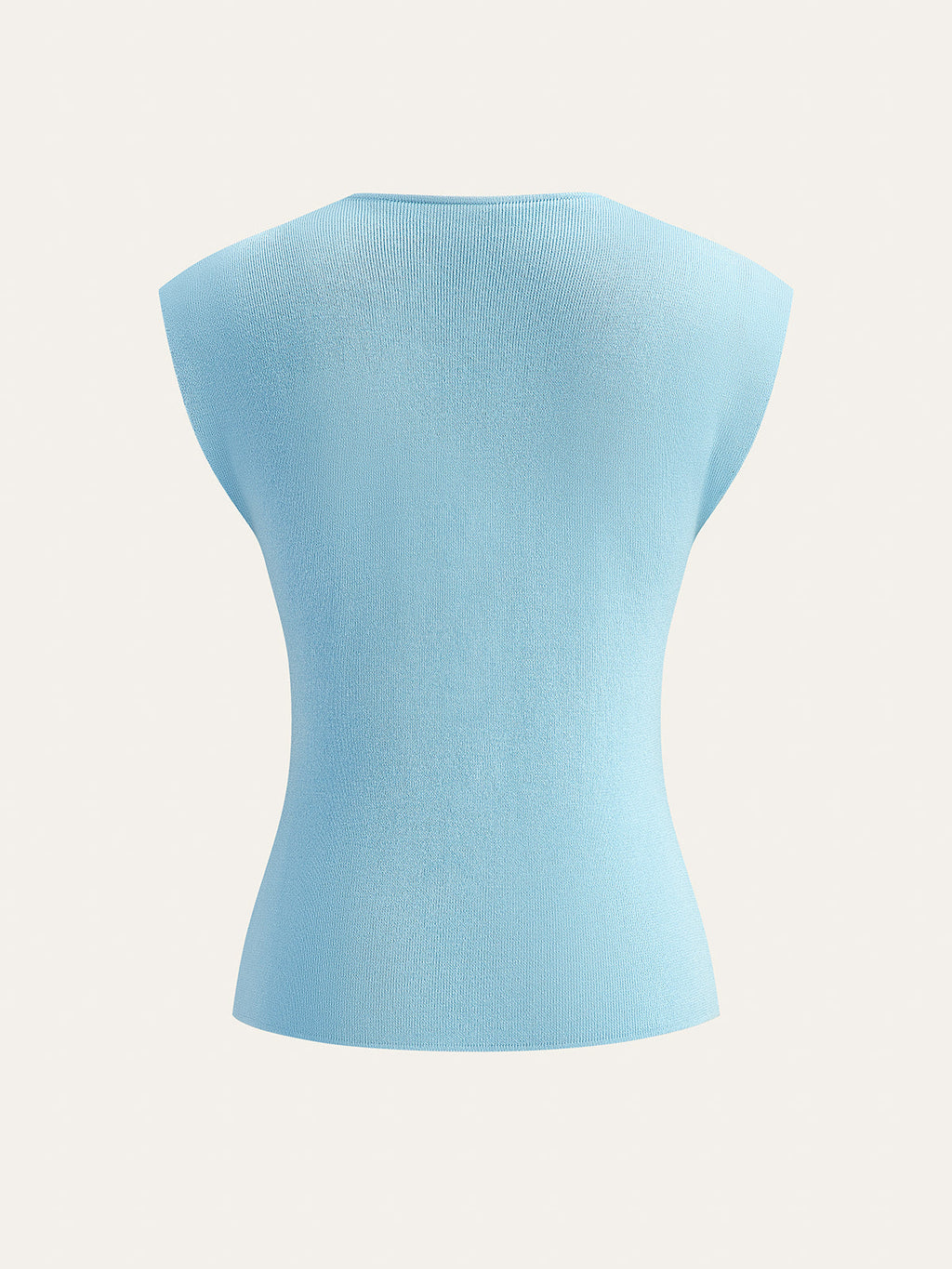 A light blue textured knit vest featuring shell buttons and detailed back stitching.