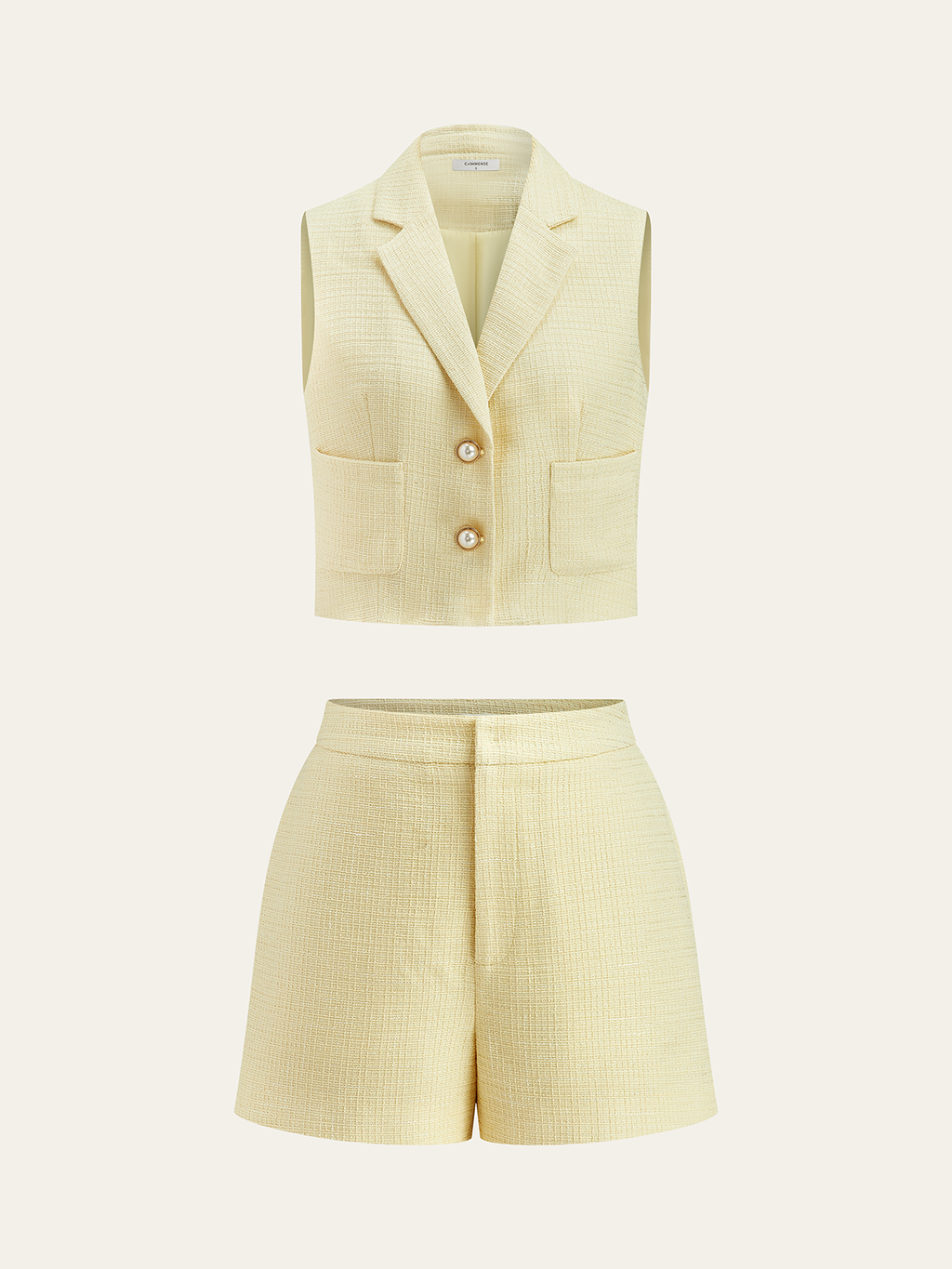 Pearl-Button Tweed Vest and Shorts Outfit