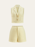 Pearl-Button Tweed Vest and Shorts Outfit