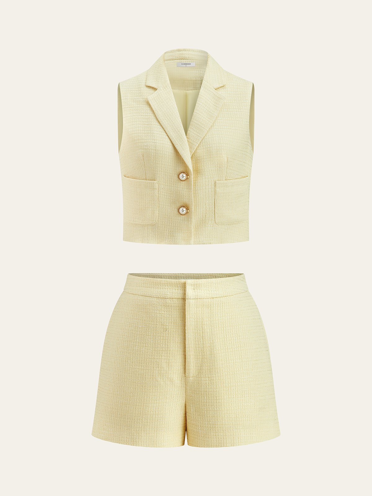 Pearl-Button Tweed Vest and Shorts Outfit
