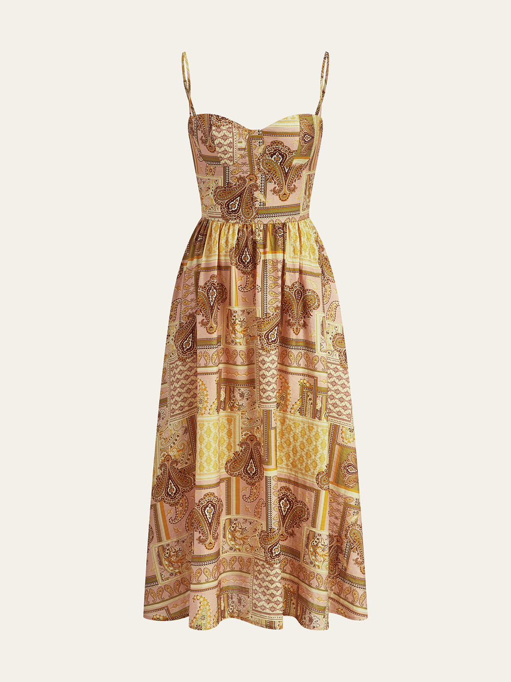 Sleeveless paisley midi dress with spaghetti straps, fitted bodice, flared skirt, patchwork prints.