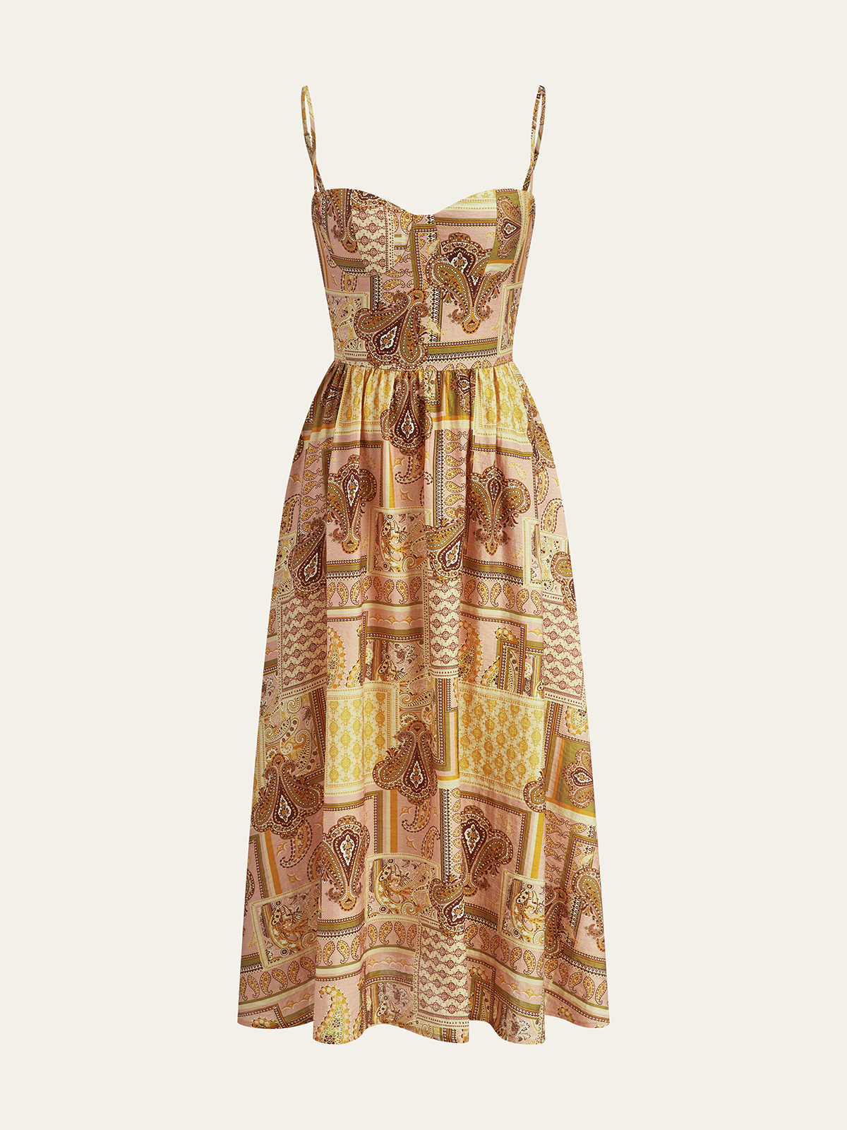 Sleeveless paisley midi dress with spaghetti straps, fitted bodice, flared skirt, patchwork prints.