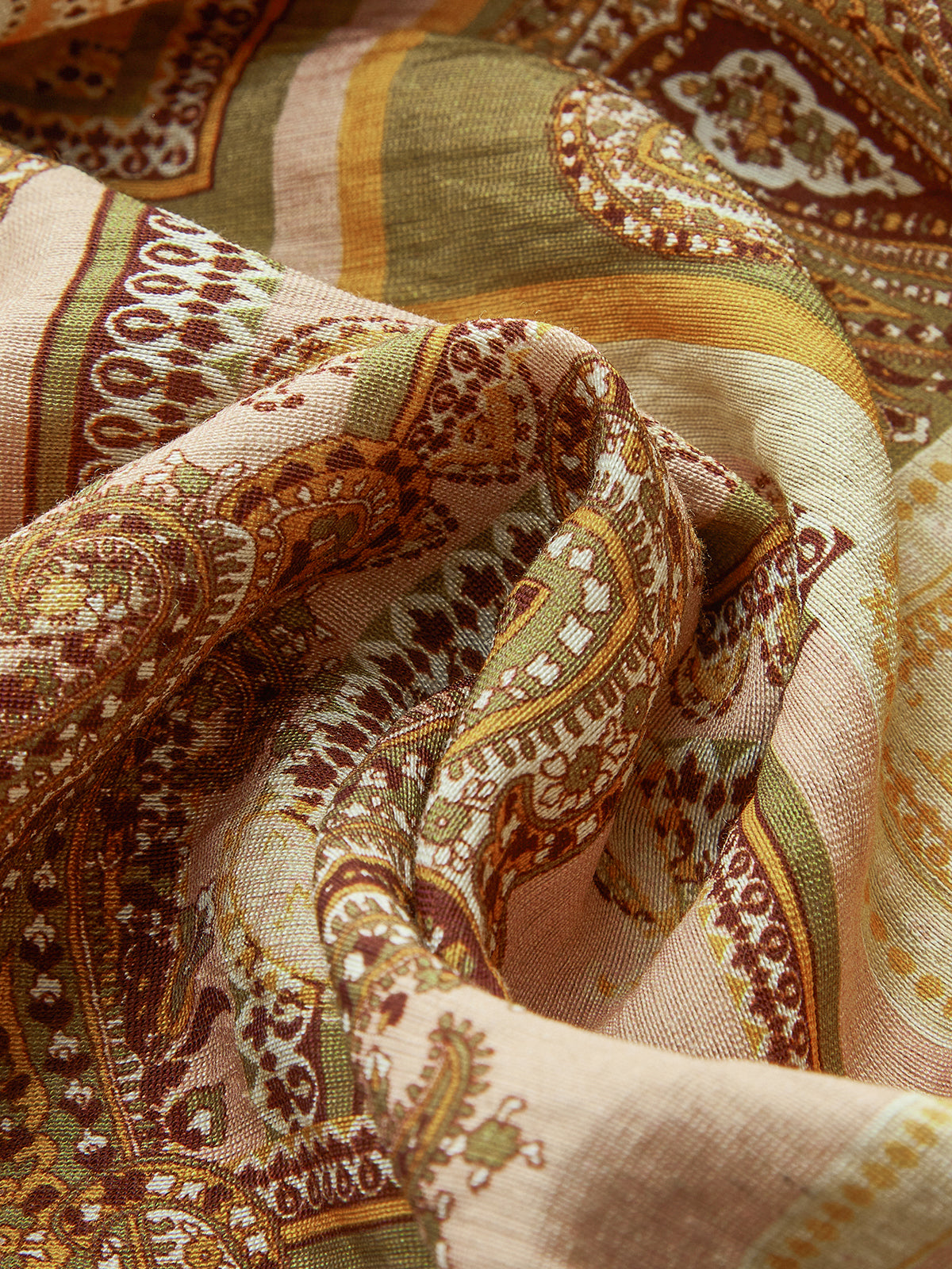 Paisley Patterned Midi Dress with spaghetti straps, soft brown, gold, and cream floral fabric.