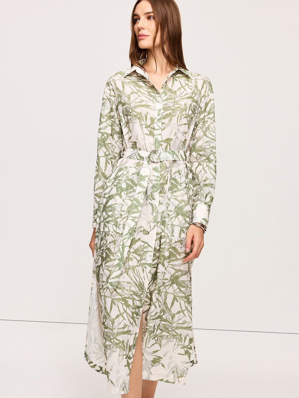 LA FINE FLEUR Leaf Print Belted Midi Dress featuring side slits and a flattering fit.