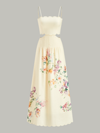 Slim-fit light yellow dress with floral print, scalloped neckline, waist cutouts, lace-up back.