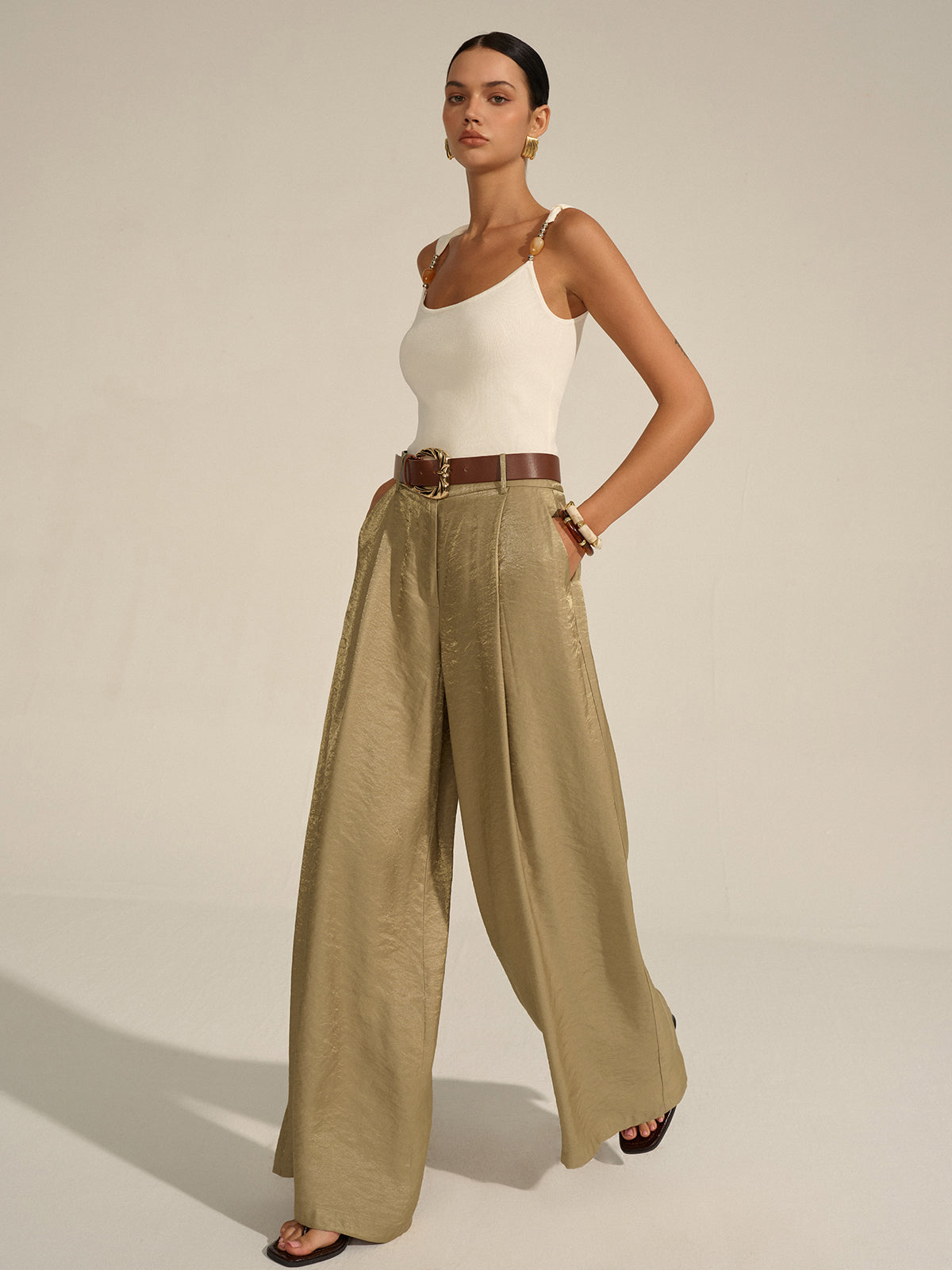 Belted Wide-Leg Trousers with High-Rise Fit