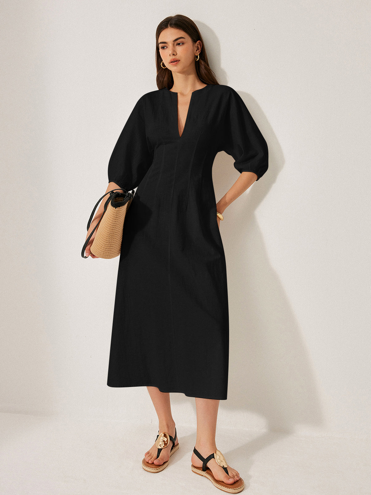 LA FINE FLEUR cotton and linen dress with puff sleeves in a relaxed, elegant style.