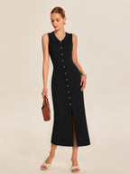 Sleeveless black ribbed knit midi dress with button details and a front slit.