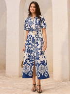LA FINE FLEUR Floral Print Midi Dress with pocketed belt detail.