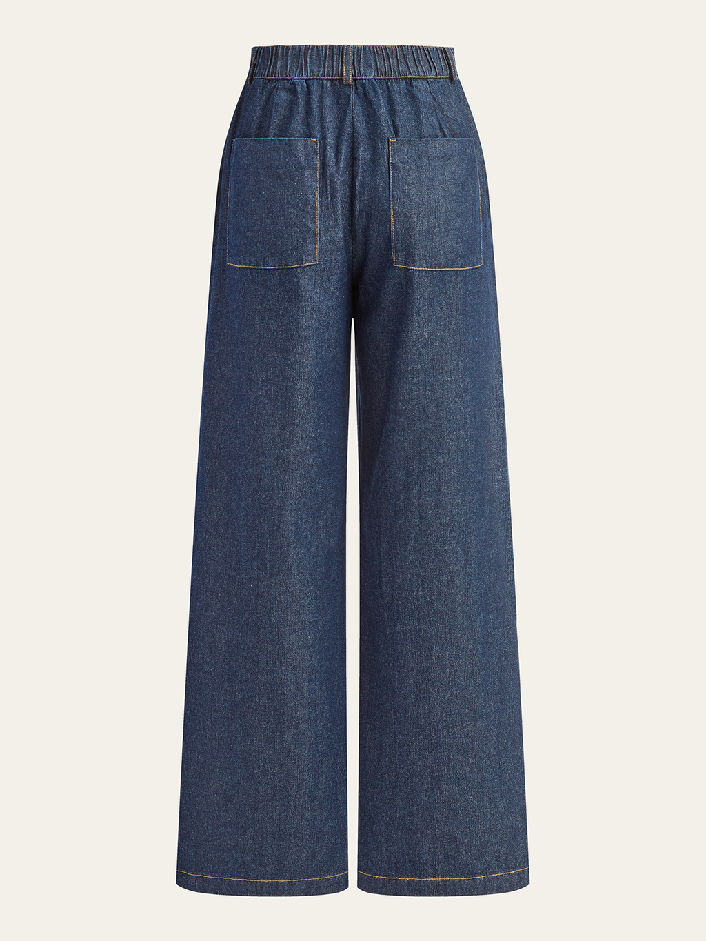 Mid-rise dark blue denim trousers with a wide-leg cut, elastic waist, and square back pockets.