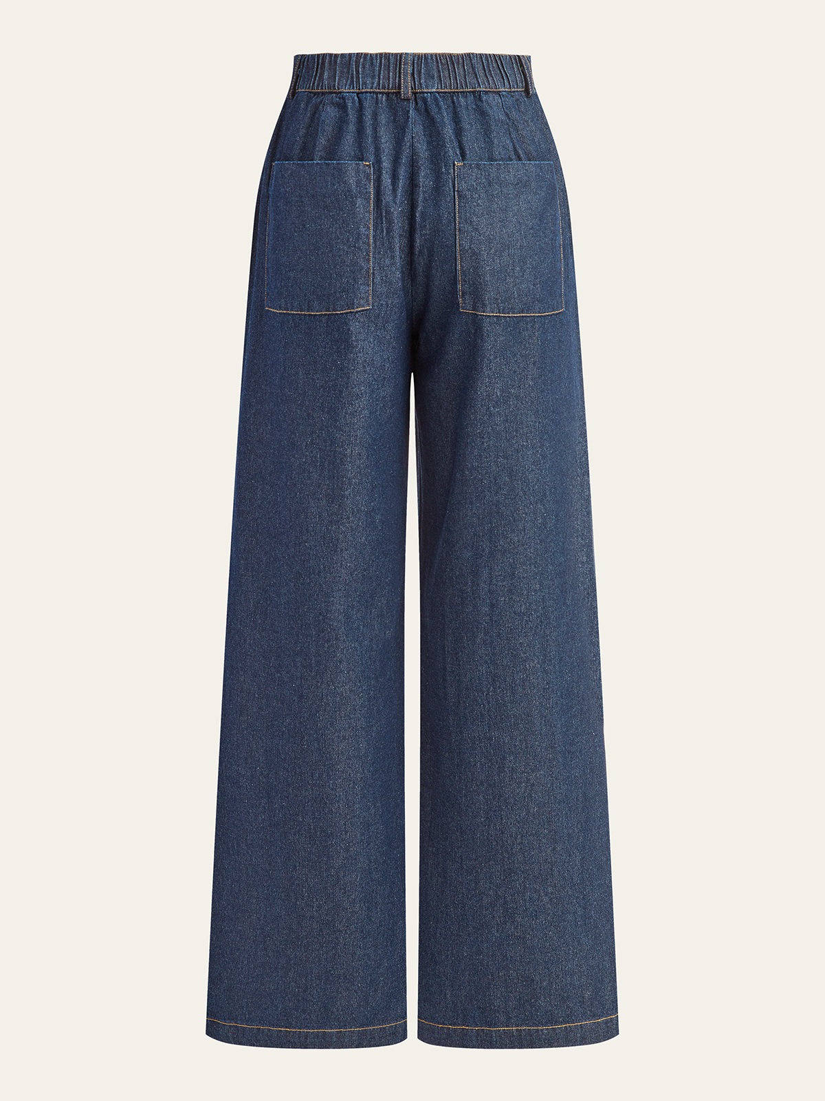 Mid-rise dark blue denim trousers with a wide-leg cut, elastic waist, and square back pockets.