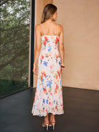 LA FINE FLEUR Semi-Sheer Slip Maxi Dress with floral pattern, thin straps, airy and summery.